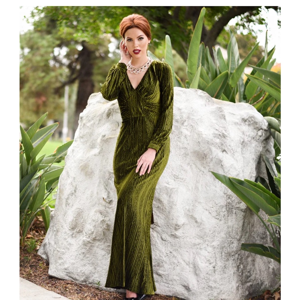 Voodoo Vixen Olive Green Velvet Long Sleeve Evening Gown